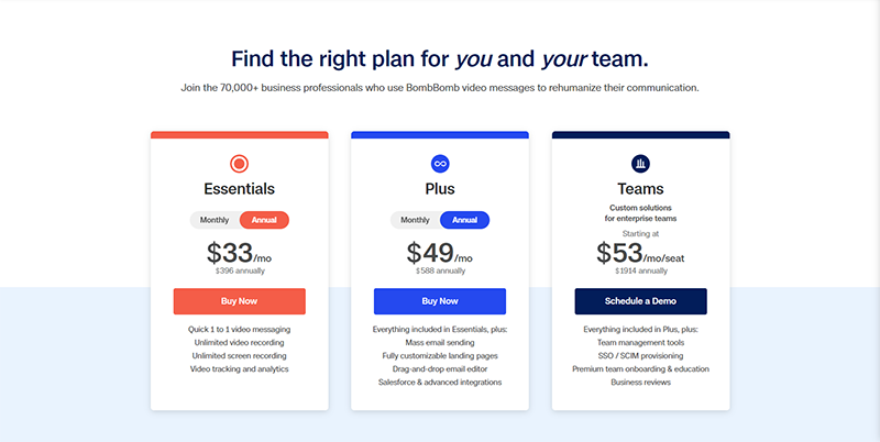 BombBomb Pricing page