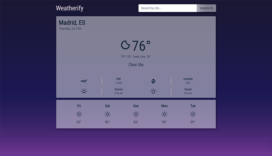 Weatherify Application showing Madrid Spains forcast at night